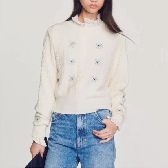 Sandro Sweaters - Sandro Touquet Wool Cashmere Floral Embroidered Cable Knit Sweater Size 3 L NWT